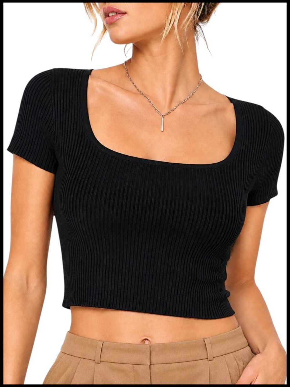 Aritzia Babaton Sculpt Knit Crop Top Black Ribbed Scoop Neck S